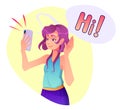 Girl communicates by online video call. Character waves her hand and says hi. Colorful vector illustration in cartoon style
