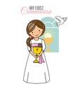 Girl communion card. Child with a chalice.