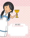 Girl communion card. Child with a chalice.