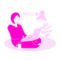 girl with computer learns to work online postcard image remote learning or work in today\'s world Pink