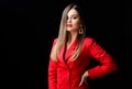 Girl confident business lady formal red jacket. Gorgeous and stylish. Impeccable makeup and perfect jewelry. Red suits