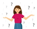 Girl confused with question mark isolated on a white background. Woman have a problem. Girl shrugs