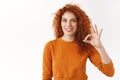 Girl congratulate friend good campaign. Smiling cute redhead woman with curly hairstyle show okay ok sign, grin