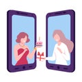 Girl Congratulating Her Girlfriend Happy Birthday Via Smartphone, Two Mobile Phones Facing Each Other, Flat Vector Royalty Free Stock Photo