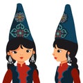 Girl in a conical headdress.Asian bride a conical headdress crowns her head. cartoon vector