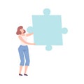 Girl Connecting Puzzle Element, Person Holding Big Jigsaw Piece Assembling Abstract Puzzle Cartoon Style Vector
