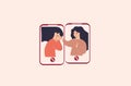 Flat character woman comforts her best friend, sister via the phone. Friendship concept