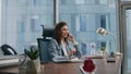 Girl consultant talking phone sitting luxury office close up. Woman consulting Royalty Free Stock Photo