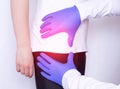 Girl on consultation with a doctor with a sick hip joint, synovitis and bursitis in the thigh, inflammation, osteoarthritis Royalty Free Stock Photo