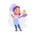 Girl Cook or Chef Character in Uniform Frying Pancake Vector Illustration