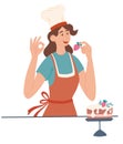 Girl cook. Female cook, baker and pastry chef. Beautiful girl cooks a delicious cake with strawberries. Perfect for printing,