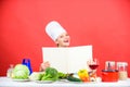 Girl cook at kitchen table ingredients. Tips and advice. Preparing food. Delicious and gourmet. Cooking food as hobby Royalty Free Stock Photo