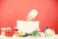 Girl cook at kitchen table ingredients. Tips and advice. Preparing food. Delicious and gourmet. Cooking food as hobby Royalty Free Stock Photo