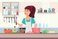 Girl cooking food, cartoon young woman in apron holding knife to cook dinner