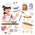 Girl cooking in kitchen. Little baker. Kitchen tools isolated on a white background. Little cook mixes the dough. Kid