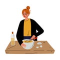 Girl Cooking in the Kitchen, Young Woman Mixing Dough in Bowl with Whisk Vector Illustration Royalty Free Stock Photo