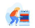 Girl cooking oven, woman working kitchen, mother making food, putting pie furnace, design, flat style vector