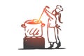 Girl, cooking, soup, pan, chef concept. Hand drawn isolated vector.