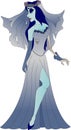 Girl, corpse bride, in a blue and ragged wedding dress