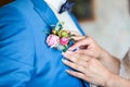 Girl corrects bride groom boutonniere. flowers Advertising.Wedding. Bride corrects groom boutonniere at their wedding. Close-up d