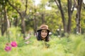 girl at cosmos garden at sunset