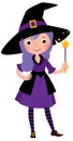Girl in costume Halloween witch with a magic wand vector cartoon