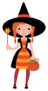 Girl in costume Halloween witch with a magic wand vector cartoon Royalty Free Stock Photo