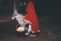 Girl in costume of little red riding hood in forest posing with wolf dog Royalty Free Stock Photo