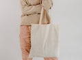 Girl with cotton linen eco bag mockup