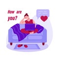 Girl on the couch with a laptop. Writes a message to a friend. How are you Vector concept of communication on the