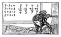 Girl counting blocks math problems or learning math, vintage engraving