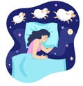 The girl counts sheep in her sleep. Cartoon woman lying in bed and counting sheep at night. The girl is sleeping, lambs