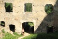 Girl on courtyard of castle Girls Stone Royalty Free Stock Photo