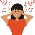 The girl covered her ears with her hands from loud music, noise. Vector illustration in flat style