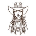 Girl in a cowboy hat illustration for coloring. Portrait of a beautiful woman. Country style for t-shirt design or print Royalty Free Stock Photo