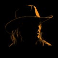 Girl with cowboy hat silhouette in contrast backlight. Vector. Illustration