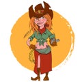 The girl the cowboy with a lasso and a lighter, cartoon character in a caricature style