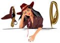 Girl cowboy stands and looks pensive look on the wall hangs a gun and a rope lasso