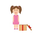 Girl crying and opened box with ribbon. the child does not like the gift. vector flat. banner. ruined the holiday