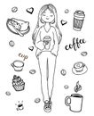 Girl with a cup of coffee. Coffee to go. Vector illustration in hand-drawn style. Royalty Free Stock Photo
