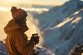 Girl with a cup of hot drink with a mountain background Royalty Free Stock Photo