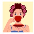 Girl with curlers on her head drinks coffee