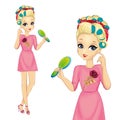 Girl With Curlers Hold Hairbrush