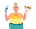 A girl with a curvaceous body holds a bottle of water and a plate of salad. Overweight, obesity, dietetics. Fashion size plus