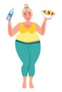 A girl with a curvaceous body holds a bottle of water and a plate of salad. Overweight, obesity, dietetics. Fashion size plus. Vec