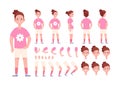 Girl custom animation. Animated kid character poses, heads avatar hairstyles, set little anime child view front and back