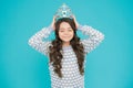 Girl cute baby wear crown blue background. Success and happiness. So pleased. Princess concept. Girl princess. Lady Royalty Free Stock Photo