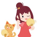 A girl and cute cat feel hot. They are use a fan. a girl holding fan in her hand. a cute cat use fan. character cartoon of a cat