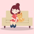 A girl and cute cat sitting together on the modern sofa. They napping look so relax. Home pet on chair.Cute cozy room with girl