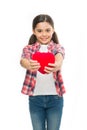 Girl Cute Child Hold Heart Symbol Love. Celebrate Valentines Day. Love And Romantic Feelings Concept. Red Heart